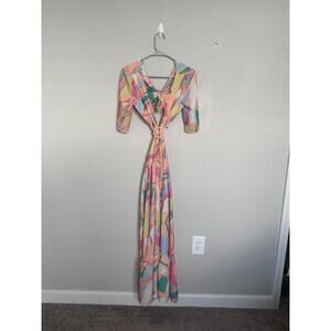 Retro Abstract Print Cutout Maxi Dress Size ~M/L Boho Festival Tie‎ Back